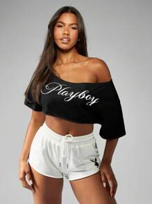 Missguided x Playboy 露肩文字标志短款上衣女式长袖时尚镂空设计时尚休闲春夏秋季街头服饰 - 黑與白 - 查看 5