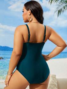 SHEIN Swim Curve Summer Plus Size Women 1PC Solid Color V-Neck Mesh Patchwork Sexy Elegant One-Piece Swimsuit, Leisure Vacation