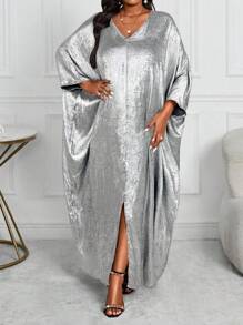 SHEIN Lady 大码女式撞色V领蝙蝠袖长袖宽松休闲连衣裙，秋冬 - 銀色 - 查看 6