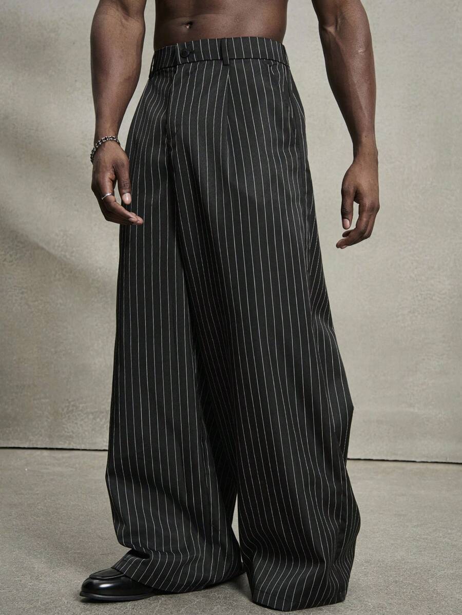 PAVTROS Manfinity Streetrush Streetrush Men's Casual Commute Striped Wide Leg Pants, Men Pinstripe Pants Men Wide Leg Pants Men Pleated Pants Men Baggy Pants Pinstripe Wide Leg Pants, Boy Friend Gifts, Streetwear Men, Fall - Black - View 1