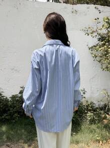 SHEIN Teen Girl French Elegant Loose Blue Striped Shirt & White Pants Casual Suit, Back To School Season - Blue - View 3