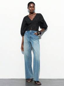 Maija Damska bluzka z dekoltem w serek, guzikami z przodu, w swobodnym stylu na wakacje na plaży, z kwiatowym haftem, z wyciętymi rękawami typu latarnia, odpowiednia na hawajskie festiwale muzyki country, wakacje