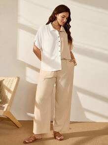 Nubod 夏季大尺碼女士色塊蝙蝠袖休閒寬鬆襯衫，帶翻領