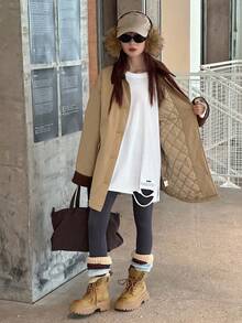 DAZY Teen Girls' Colorblock Patchwork Long Sleeve Padded Coat, Casual Street Style For Winter - Khaki - View 3