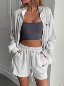 Livesso 2pcs/Set Women Loose Knit Cardigan And Shorts,Fall Women Clothes Lounge Sets For Women School - Grey - View 6