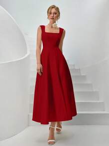 CLARA VERO 女士纯色梭织春夏季度假装长款衬衫裙系带低 V 腰侧开衩蓬蓬裙 - 紅色 - 查看 5