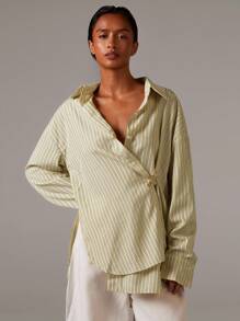 Athîral Striped Print Wrap Around Loose Casual Long Sleeve Shirt,Fall Women Clothes,Teacher Shirts - Yellow - View 3