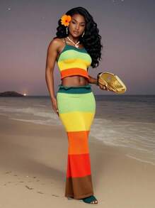 Slaydiva Set di canotta con spalline e gonna attillata a contrasto di colore, top a costine sexy con spalline e schiena scoperta, gonna attillata mini arcobaleno, adatto per vacanze al mare in autunno/inverno - Multicolore - Visualizzare 1