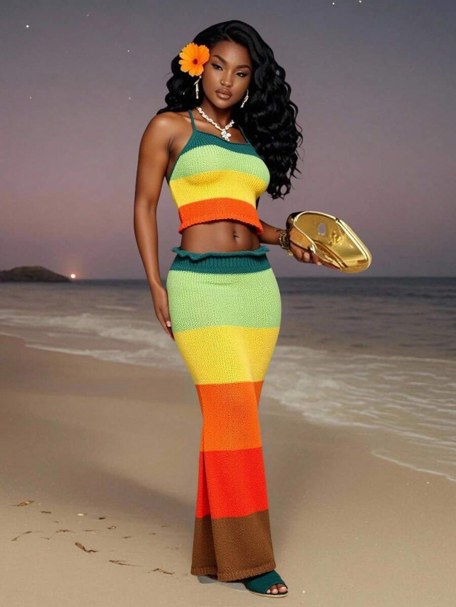 Slaydiva Set di canotta con spalline e gonna attillata a contrasto di colore, top a costine sexy con spalline e schiena scoperta, gonna attillata mini arcobaleno, adatto per vacanze al mare in autunno/inverno - Multicolore - Visualizzare 1