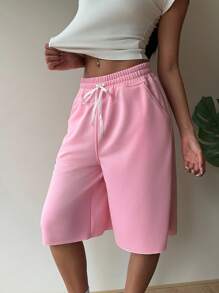 SHEIN CURVE+ 大码粉色休闲女式百慕大短裤，万圣节休闲装，返校季女装秋季、冬季，CURVE PLUS - 粉色 - 查看 7