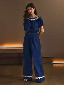 SHEIN Essnce Casual Relaxed Dark-Wash Denim Set, Versatile Resort-Style For Women, Spring/Summer - Blue - View 5