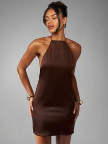 MISSGUIDED Gaun Mini Satin Leher Halter Tanpa Punggung untuk Pesta Malam, Klub, Tanpa Lengan, Musim Panas, Acara Malam, Tamu Pernikahan, Gaun Pendek Model A-Line - Coklat - View 3