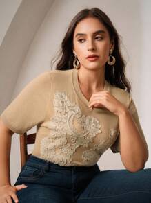 Anewsta 女士优雅刺绣蕾丝拼布镂空百搭T恤针织毛衣