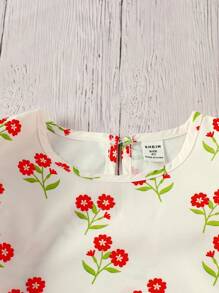SHEIN 2pcs Young Girl Casual Floral Print Shirt & Denim Pinafore Dress Set - Light Wash - View 8