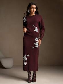 Anewsta Bộ 2 chiếc váy len dệt kim cổ điển đính sequin thanh lịch dành cho nữ - Màu Đỏ Sâu - Xem 3