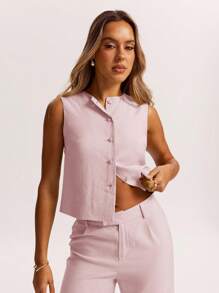 SHEIN BAE 1 chiếc áo không tay cài nút đơn giản thoải mái bằng vải lanh, thích hợp cho bữa sáng muộn, đi chơi, hẹn hò, đi làm, đi du ngoạn dành cho nữ, áo cánh dành cho nữ, mùa hè - Màu Hồng baby - Xem 5