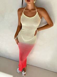 Aloruh Women's Ombre Color Fishtail Hem Fitted Maxi Halter Dress - Multicolor - View 5
