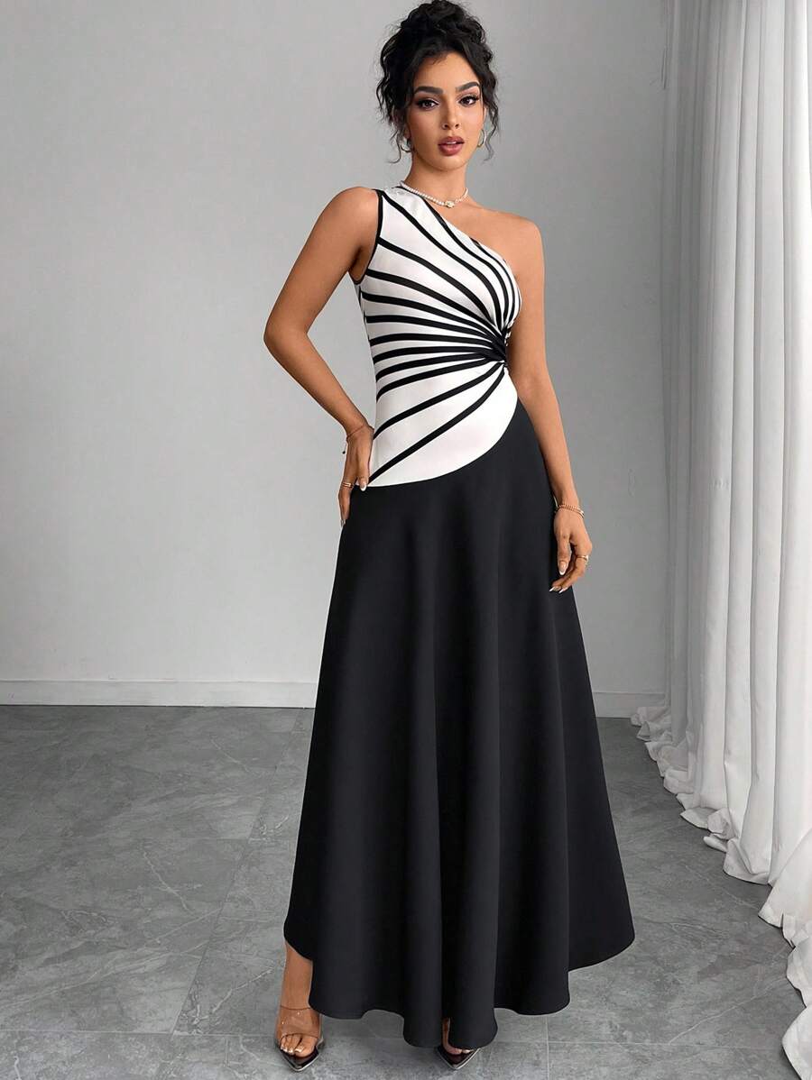 INAWLY Women's Extra Long Loose Dress, Asymmetric Shoulder, Minimalist & Fashionable Style - Black and White - View 1