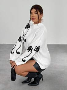 Firerie Plus Size Women Floral Embroidered Drawstring Neck Casual Long Sleeve Sweater Fall/Winter - White - View 6