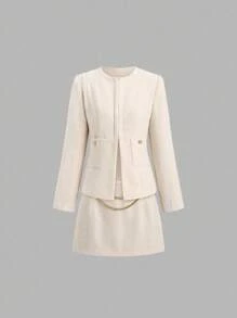 SHEIN Sweetro French Round Neck Tweed Jacket + Bodycon Mini Skirt Elegant Ladies Suit Set Fall Cloth For Women - Apricot - View 5