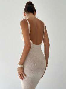 Firerie Robe longue en tricot coupe slim ajustée, à col en V profond et dos nu, couleur abricot, robe pull pour le printemps/été, robe de vacances sexy