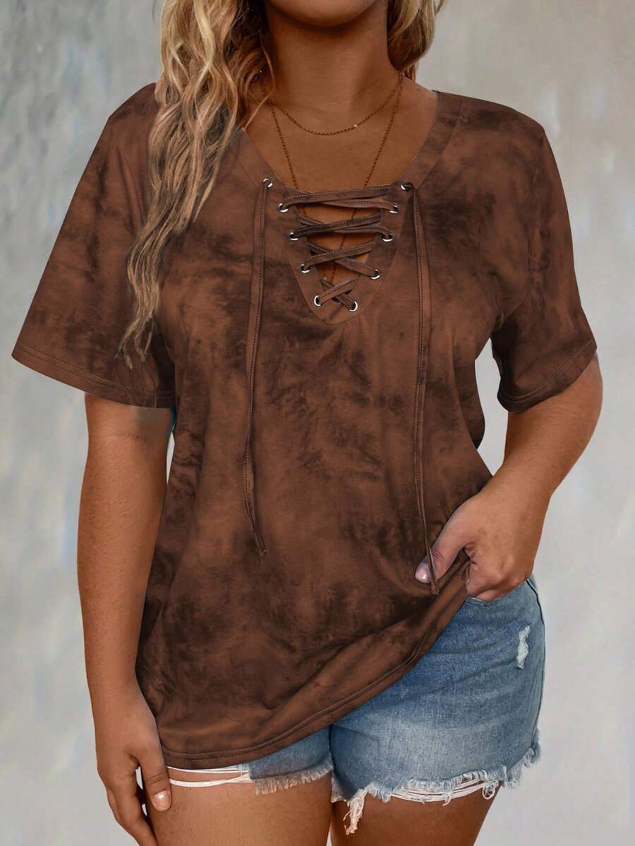 Plus Tie Dye Lace Up Front Tee Graphic Tees Women Tops - Multicolor - View 1