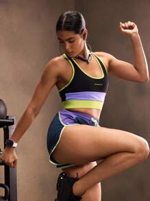 Powerista Women's Contrast Color Mesh Hollow Back Sports Bra - Purple - View 7