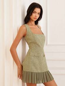 GENKIRA French Retro Elegant Slimming Square Neck Waisted Mini Dress, Pockets, Ruffle Hem, Luxury Chiffon, Women - Green - View 4