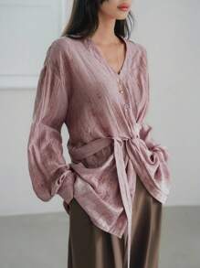 Dazy-Less 女士宽松办公风亚麻扎染印花不对称抽绳长袖衬衫，配扭结，适合春夏秋季穿着，商务休闲女装外出上衣 - 粉色 - 查看 2