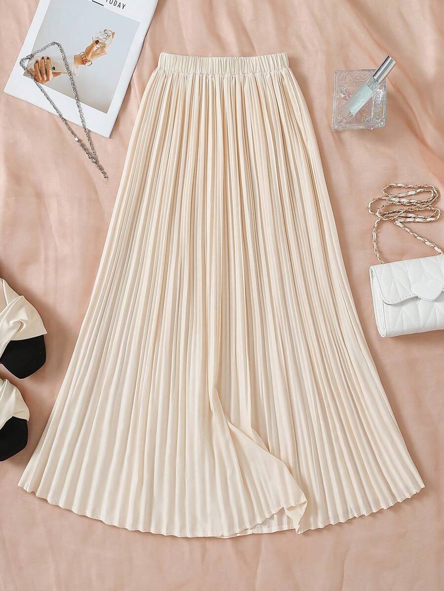 Tween Girl Asymmetrical Pleated A-Line Skirt - Apricot - View 1