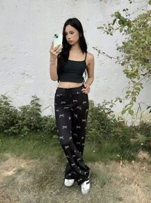 SHEIN Teen Girl Casual Minimalist Comfy Mid-Rise Bow Decor Sweatpants