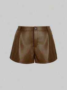 SHEIN LUNE Plus Size Women Solid Color Pocket Wide Leg Loose Casual Shorts - Brown - View 4