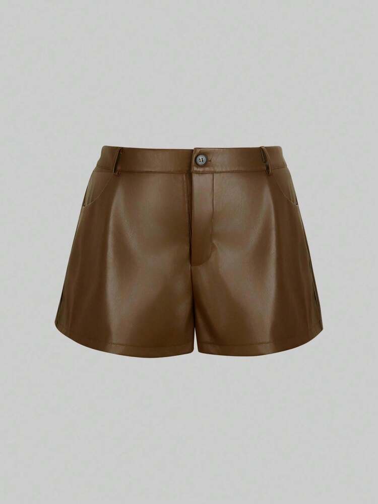 SHEIN LUNE 大码女式纯色口袋宽腿宽松休闲短裤 - 棕色 - 查看 4