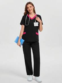 V-Neck Contrast Color Blocked Multi Pocket Short Sleeve Top & Pant Women Scrubs Uniform - Black - View 3