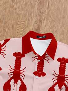 Manfinity Joysei Camisa de manga corta con estampado de langosta roja minimalista y casual para hombre, adecuada para vacaciones de verano, a juego en pareja