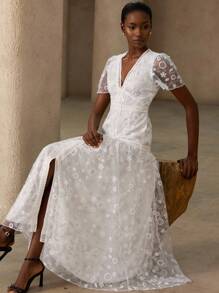 Zanirela White Floral Summer Elegant Vacation Holiday French Style Luxurious Gold Beaded&Lace Trim V-Neck Cinched Waist Maxi Dress For Women - White - View 7