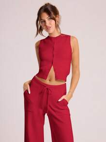 MUSERA 针织纽扣毛衣背心 春季休闲 Y2K 90年代可爱夏季度假机场假日冬季日常办公派对时尚 - 紅色 - 查看 5