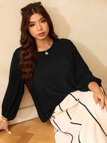 Elaquor Blusa larga de manga larga, elegante, con cuello redondo y bajo asimétrico, talla grande - Negro - Ver 3