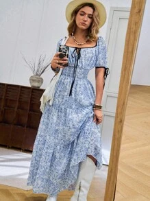 SHEIN LUNE New Women Square Neck Chiffon Ditsy Floral Front Tied Bow Waist Cutout Backless Color Block Trim Western Beach Vacation Dress - Blue and White - View 3