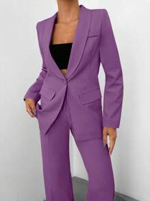 EURMUSE 女式纯色西装外套和裤子套装 - 紫丁香色 - 查看 3