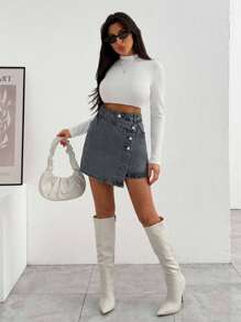 EURMUSE 女式迷你裙 中号 洗水纽扣细节 - 淺灰色 - 查看 5