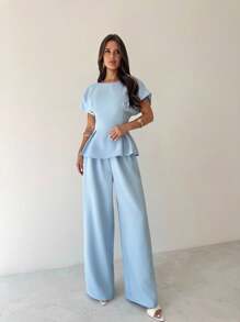 Firerie Bộ 2 món áo sơ mi thường ngày đơn giản thanh lịch đi làm đi chơi ngày lễ phong cách cổ điển tốt nghiệp hàng ngày đa năng màu vàng mơ vải kết cấu tre cổ tròn tay ngắn eo xếp ly hình chữ X + quần ống rộng rộng rãi, trang phục giáo viên, phong cách cổ điển, trang phục công sở cho nữ, văn phòng, trang phục sân bay, trang phục du lịch sân bay, trang phục đi chơi - Màu xanh lam - Xem 8