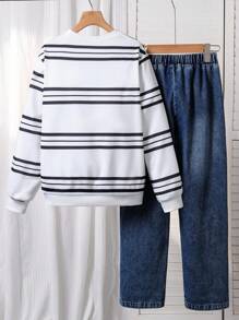 SHEIN 2pcs/Set Fashion Casual Boys Black & White Striped Pocket Long Sleeve T-Shirt + Ripped Waistband Elastic Jeans Pants, Loose Fit, Suitable For Daily Wear, Travel, Party And Photo Shooting,Back To School Fall Winter - Multicolor - View 2