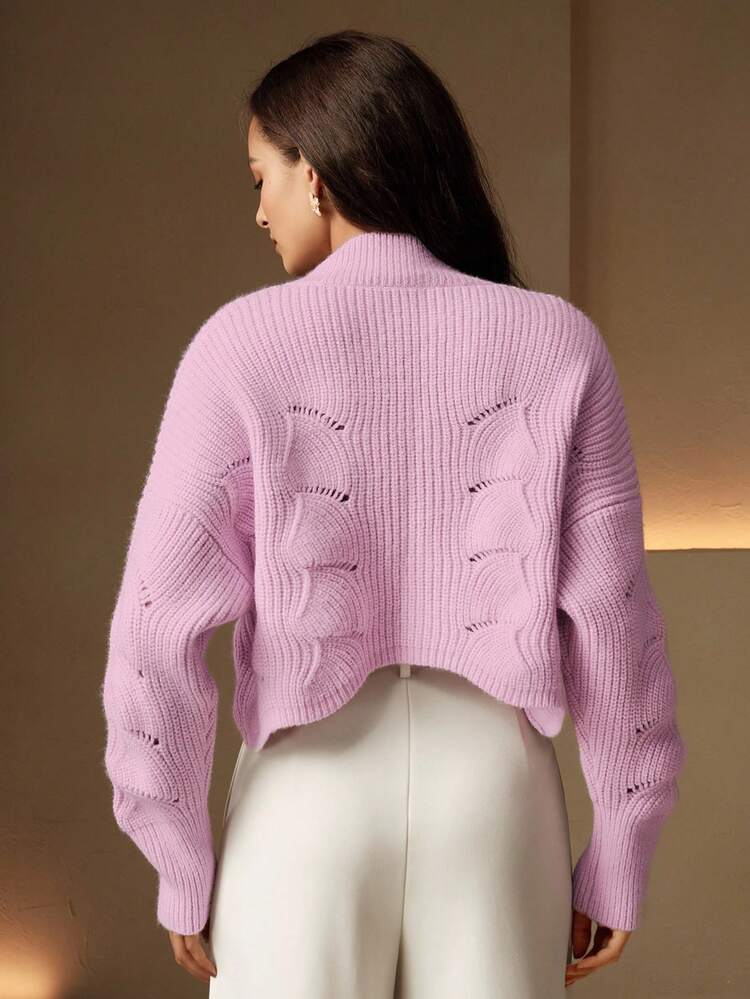 Women's Solid Color Drop Shoulder Long Sleeve Hollow Design Loose Knit Cardigan, Suitable For Daily Wear, Autumn/Winter