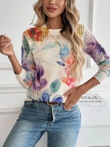 EMERY ROSE New Vintage Artistic Tie-Dye Print Round Neck Lightweight Ice Silk Women Pullover Sweater, Stylish For Spring And Summer Floral Sweaters For Women Colorful Tops For Women Women Blouses Long Sleeve Summer Sweaters For Women Women Sweaters