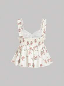 SHEIN MOD Áo kiểu cỡ lớn màu xanh trắng thêu họa tiết, viền bèo nhún, thích hợp cho kỳ nghỉ lãng mạn. - Màu Hồng  San hô - Xem 2