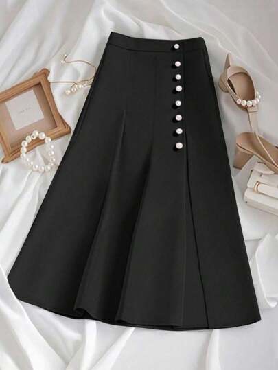 GlowEve CURVE 大码女式春夏优雅端庄纯色珍珠纽扣褶皱腰太阳裙长裙