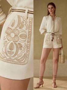 MOTF PREMIUM 亚麻刺绣流苏腰带短裤 - 白色 - 查看 1