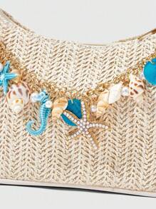 ROMWE Fairycore 1 Set Woven Beach Tote Bag And Accessories, Fashion Personalized Beach Resort Style Ladies Handbag (Includes 1 Bag And 1 Accessory Set) - Beige - View 4