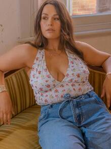 Aralina 曲线夏季度假露背纹理碎花蕾丝可爱上衣 - 紅白色 - 查看 6